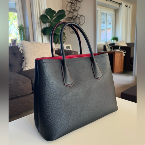 Prada Cuir Double Tote Saffiano Leather Small Black Bag Purse Red Interior - Picture 7 of 16